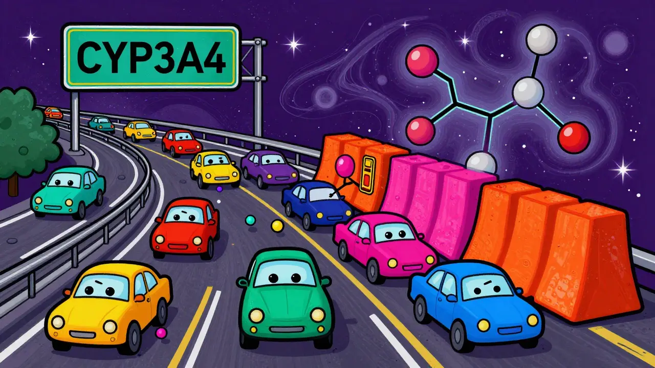 Abstract art showing drug interaction blocking enzyme pathways with neon colors