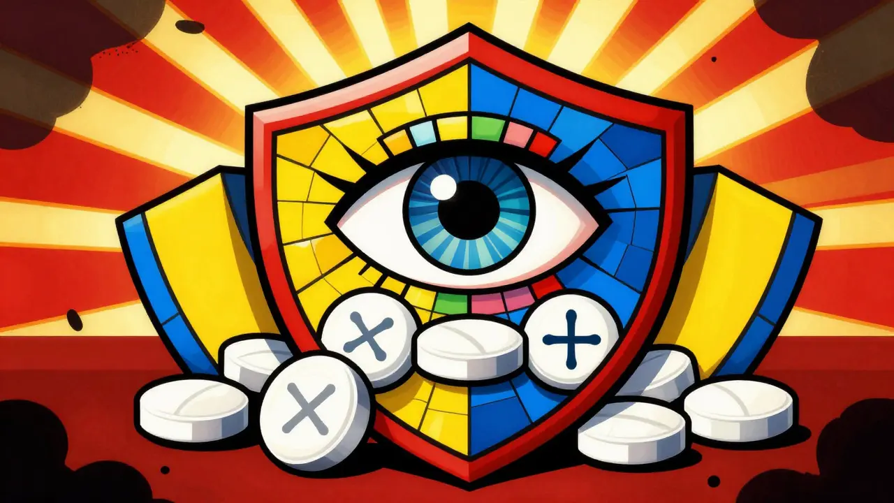 Abstract shield protecting pills, symbolizing safety in Peter Max style