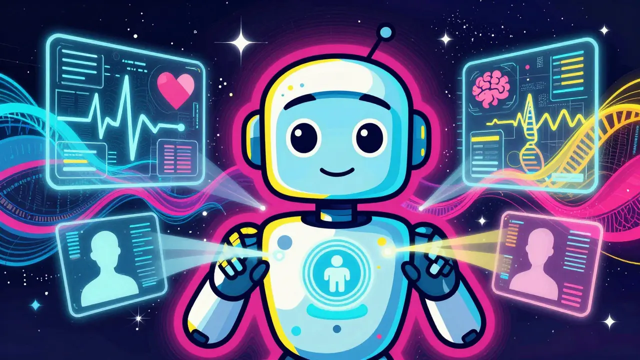 AI robot scanning health data waves in vibrant Peter Max artistic style