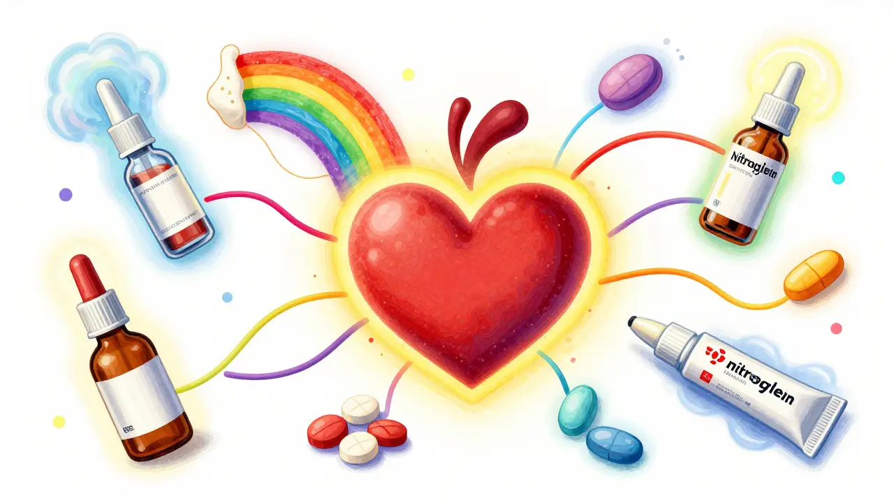 Artistic arrangement of nitroglycerin tablets, spray, and ointment in neon swirls around a heart, Peter Max style