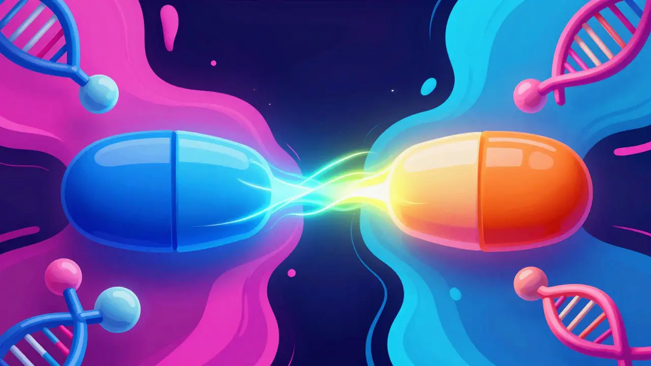 Colorful abstract art showing two pills merging via glowing light beams