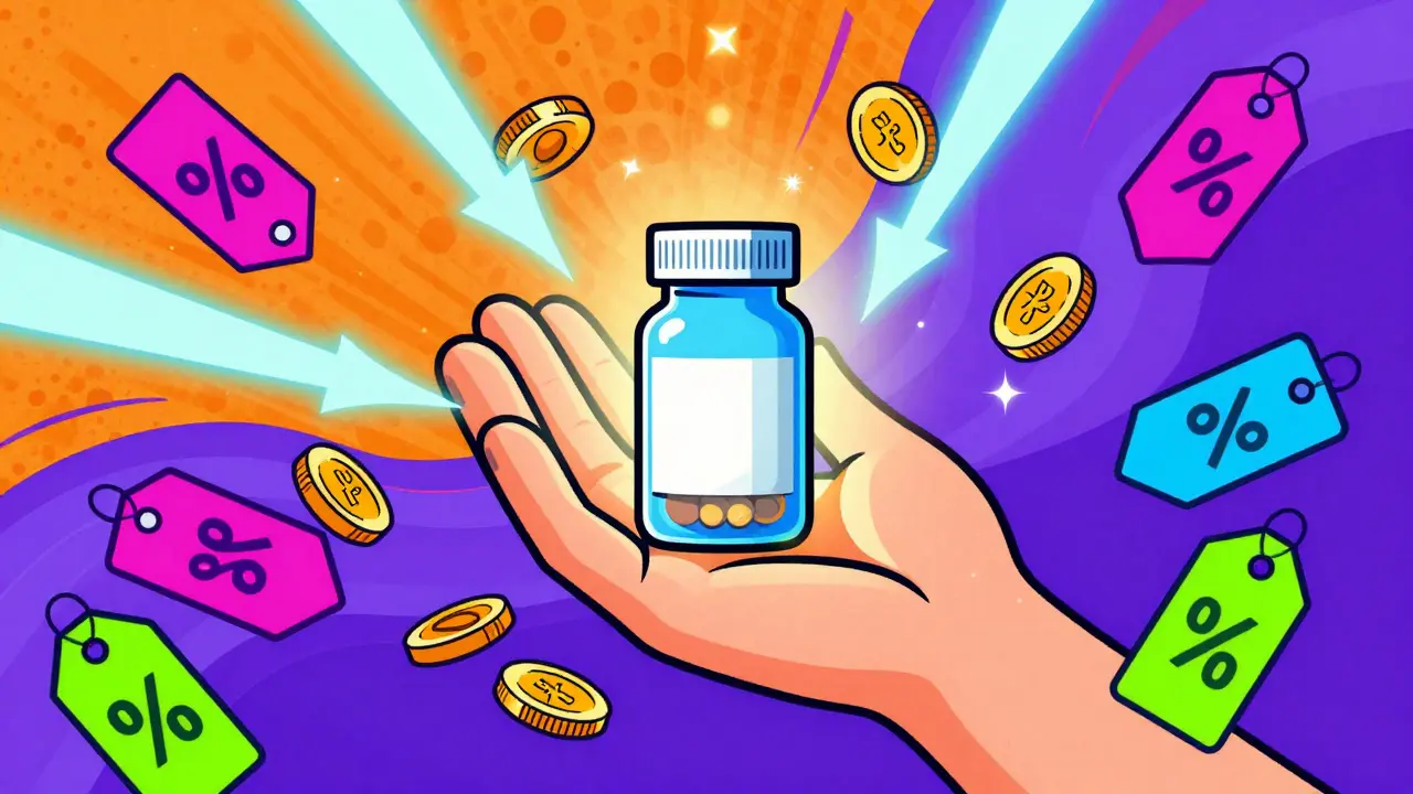 Colorful art showing discounted medication and savings