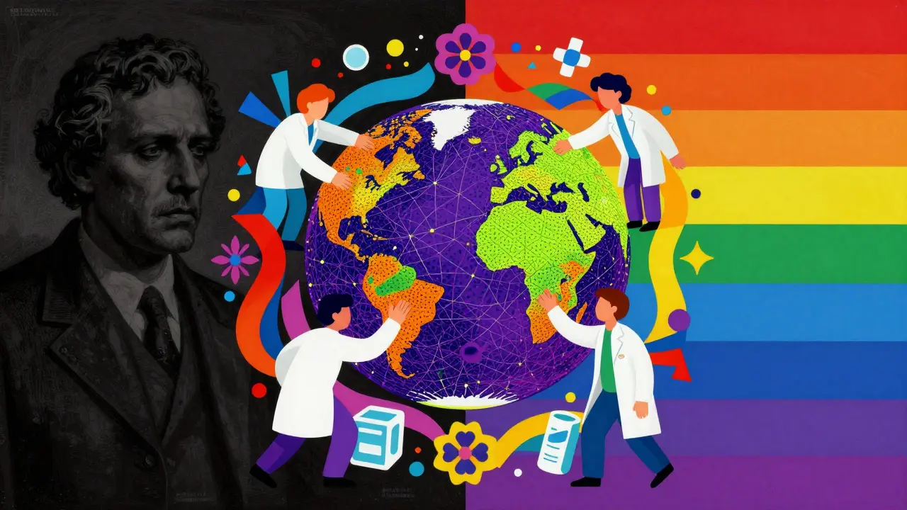 Colorful globe connecting doctors, symbolizing global drug monitoring networks