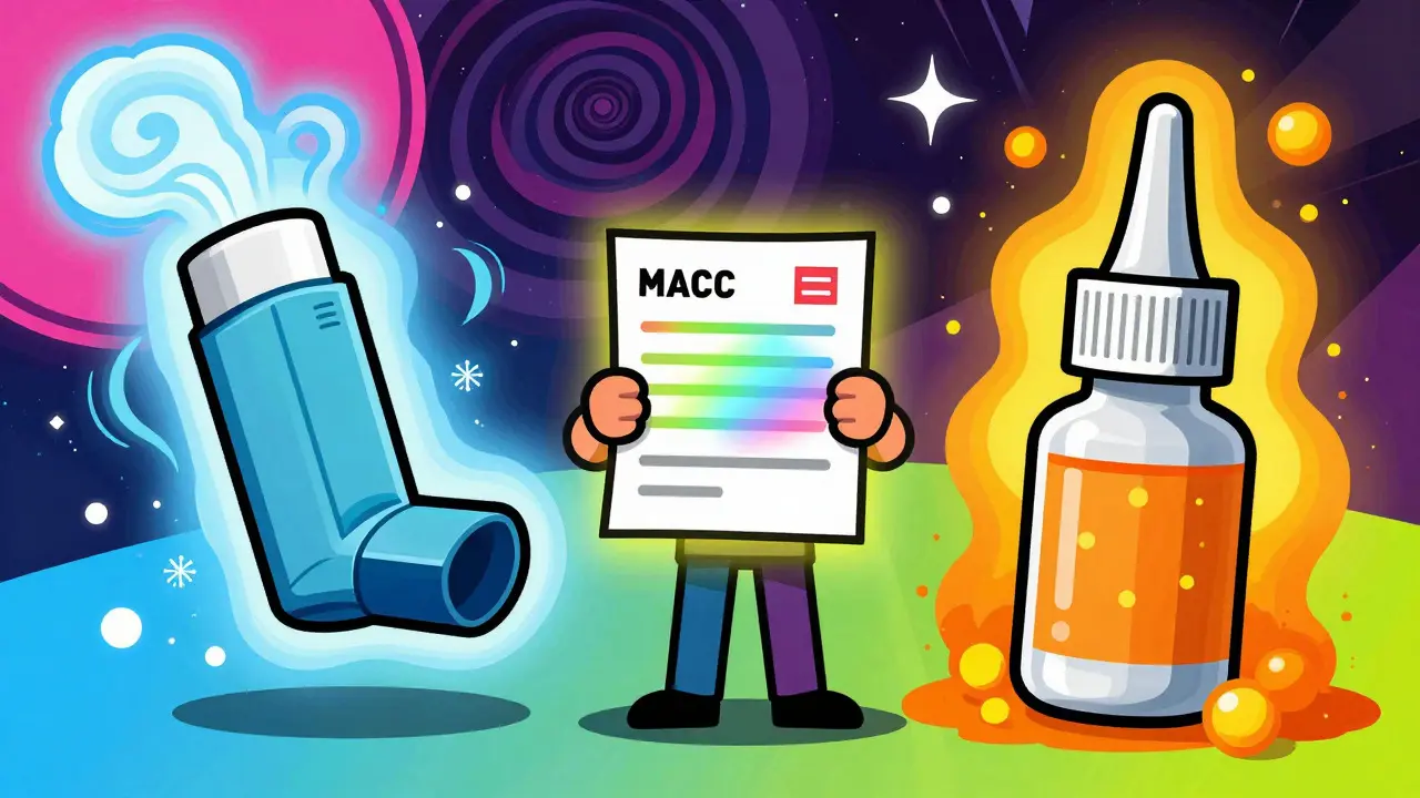 Colorful illustration comparing asthma inhaler and allergy nasal spray