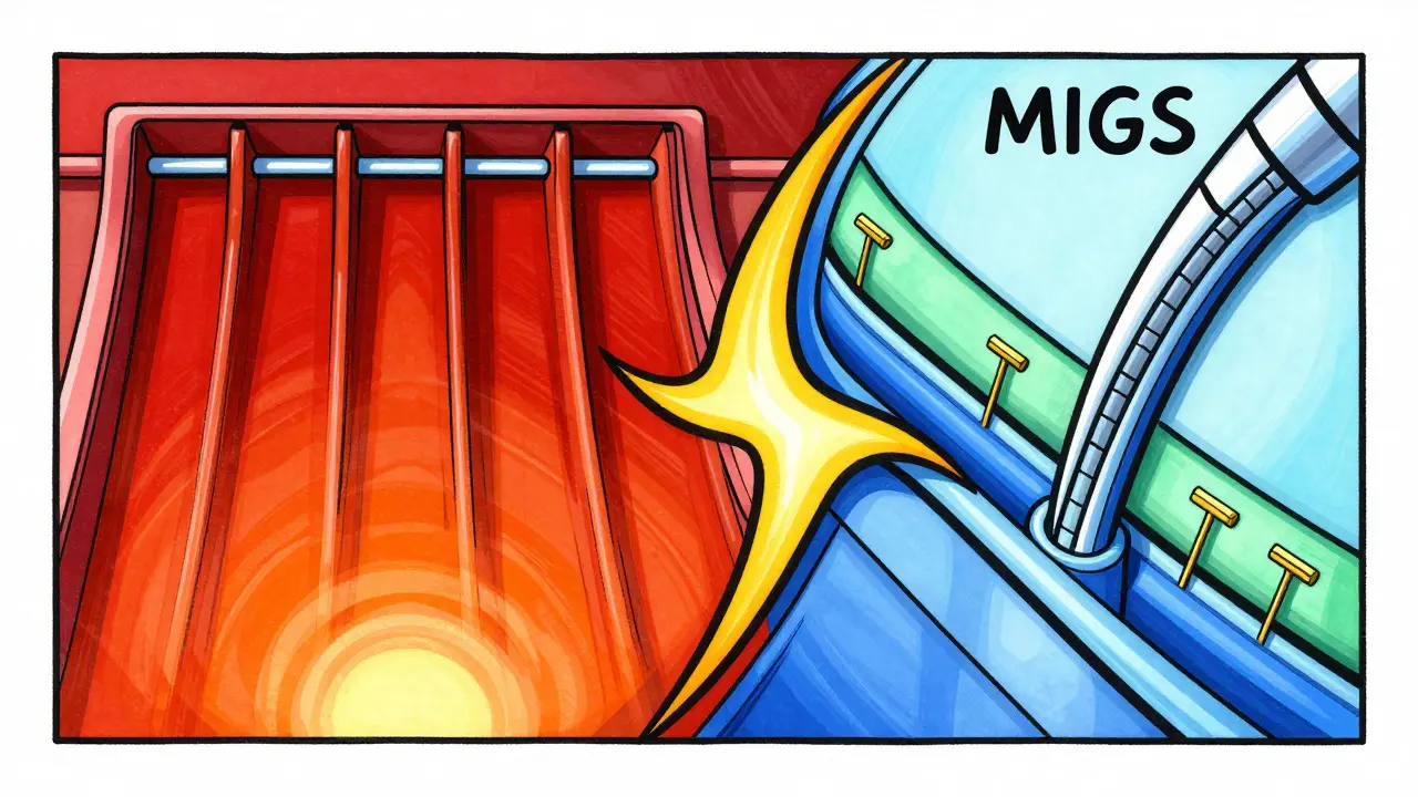 Colorful illustration comparing traditional surgery and minimally invasive stents