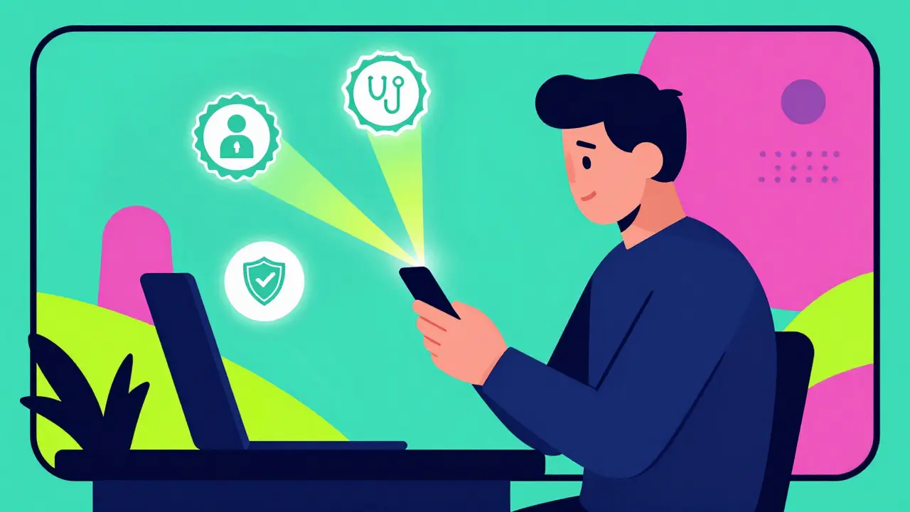 Colorful illustration of safe online prescription shopping with security icons