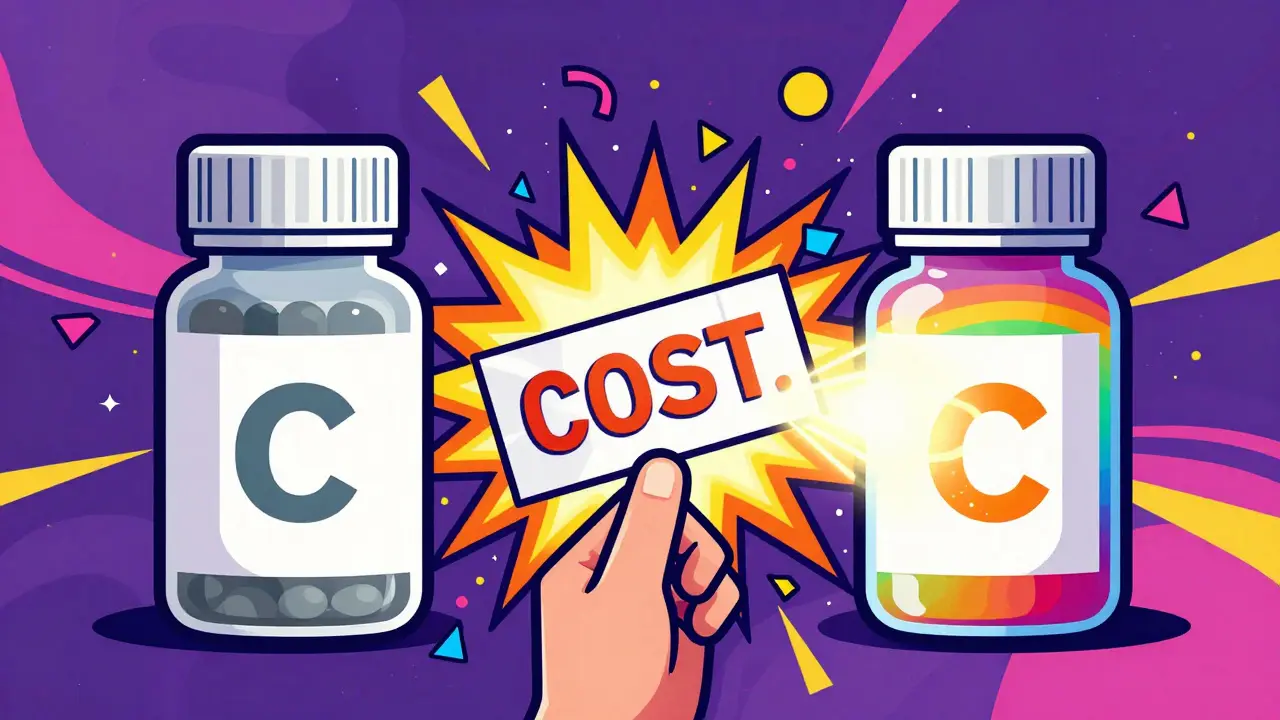 Colorful illustration showing cost savings between brand and generic pills