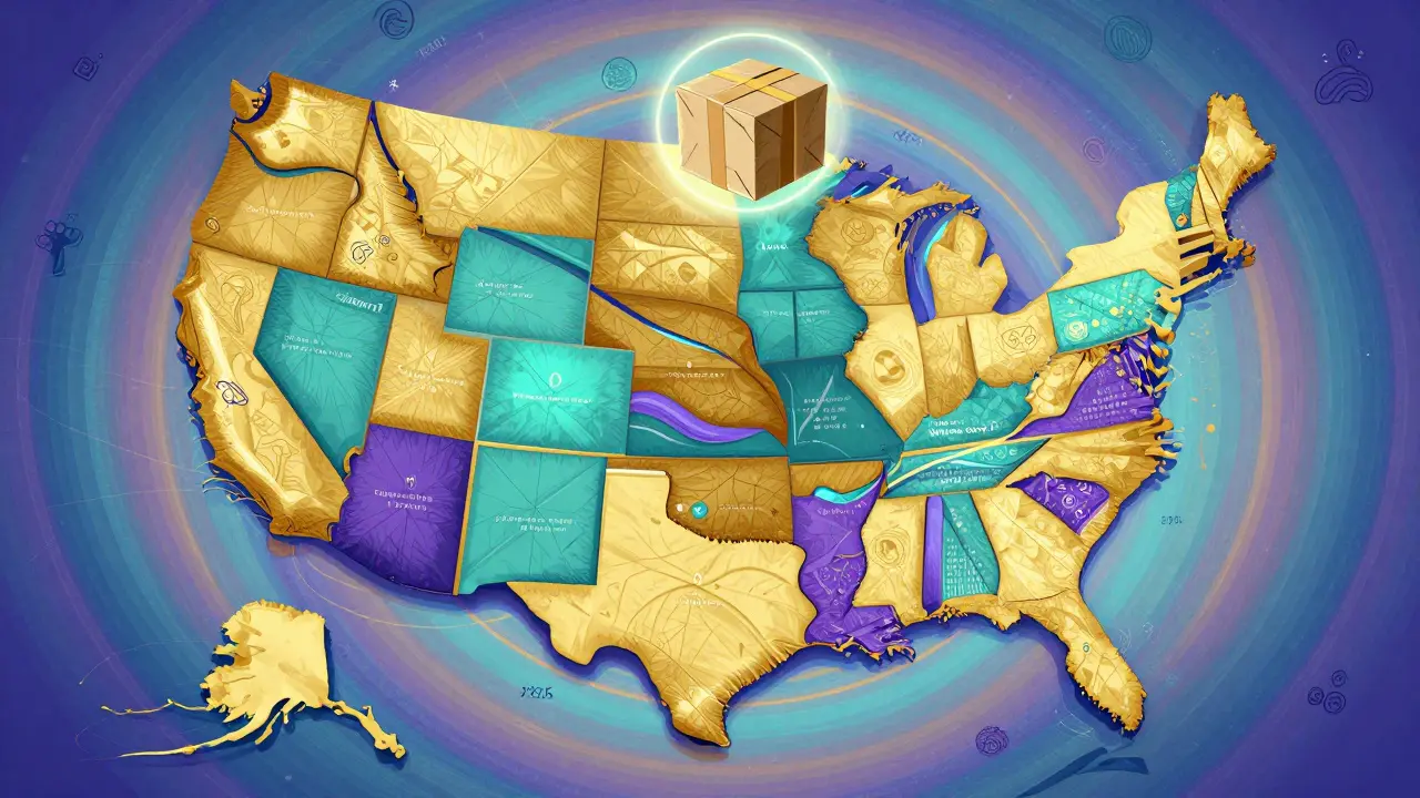 Colorful map showing global medicine delivery networks in Peter Max style