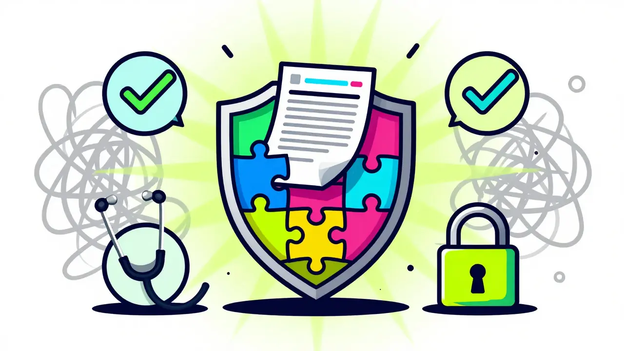 Colorful shield protecting digital prescription against scam threats