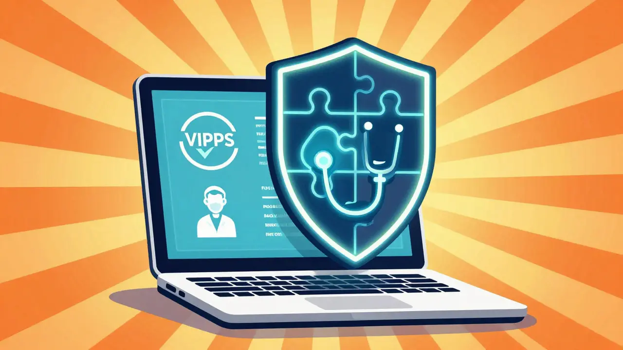 Neon shield protecting a laptop with safety verification icons, Peter Max style illustration