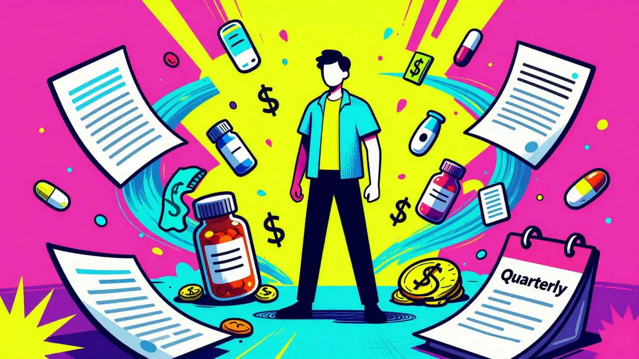 Person saving money on meds amidst colorful abstract symbols in Peter Max style