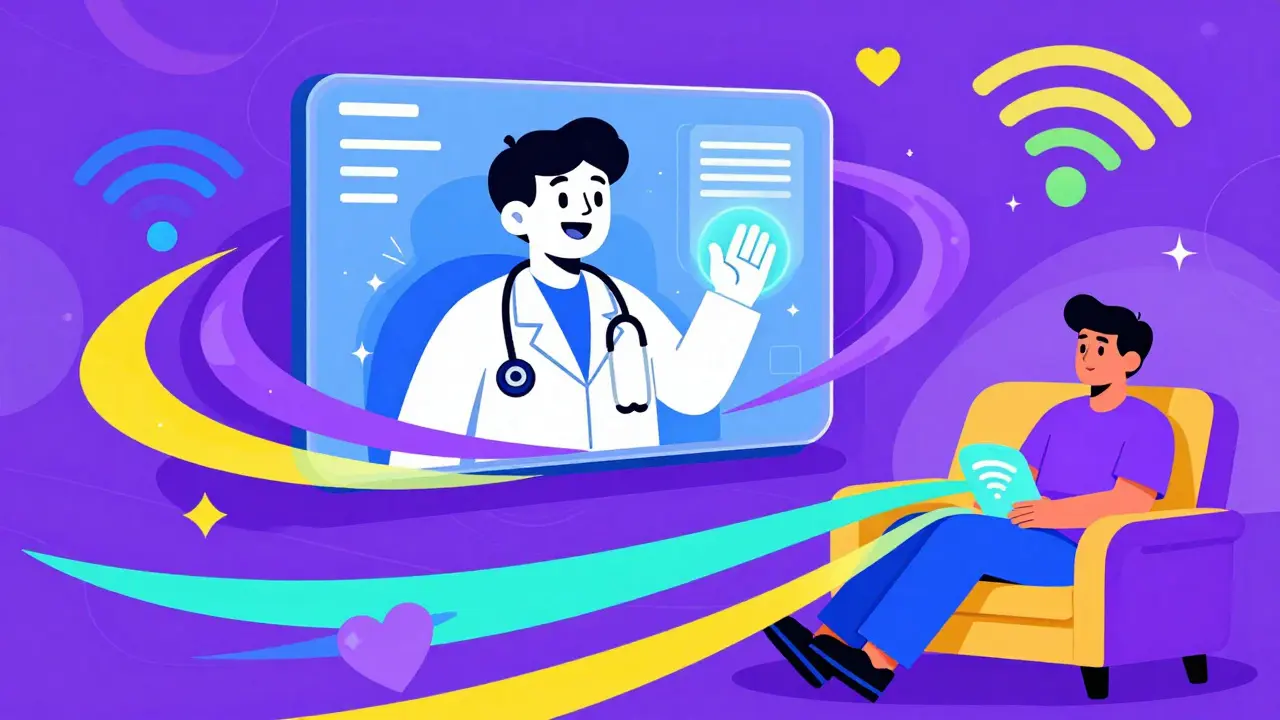 Peter Max style illustration of a telehealth doctor connecting with a patient via colorful light ribbons