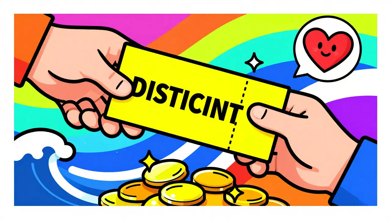 Psychedelic art depiction of a discount coupon turning into coins with a heart icon, Peter Max style
