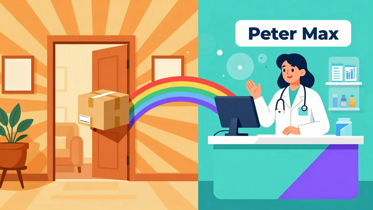 Split scene of mail-order vs retail pharmacy in psychedelic Peter Max art style