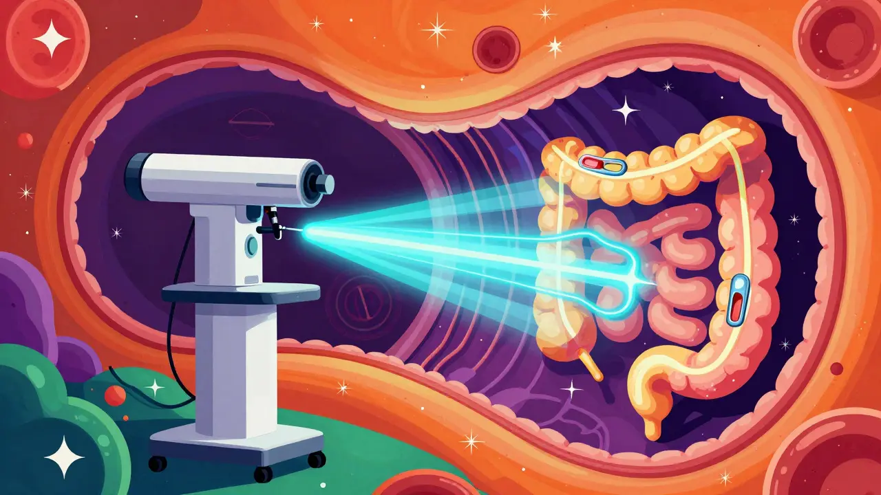 Stylized medical procedure sealing blood vessels in neon colors