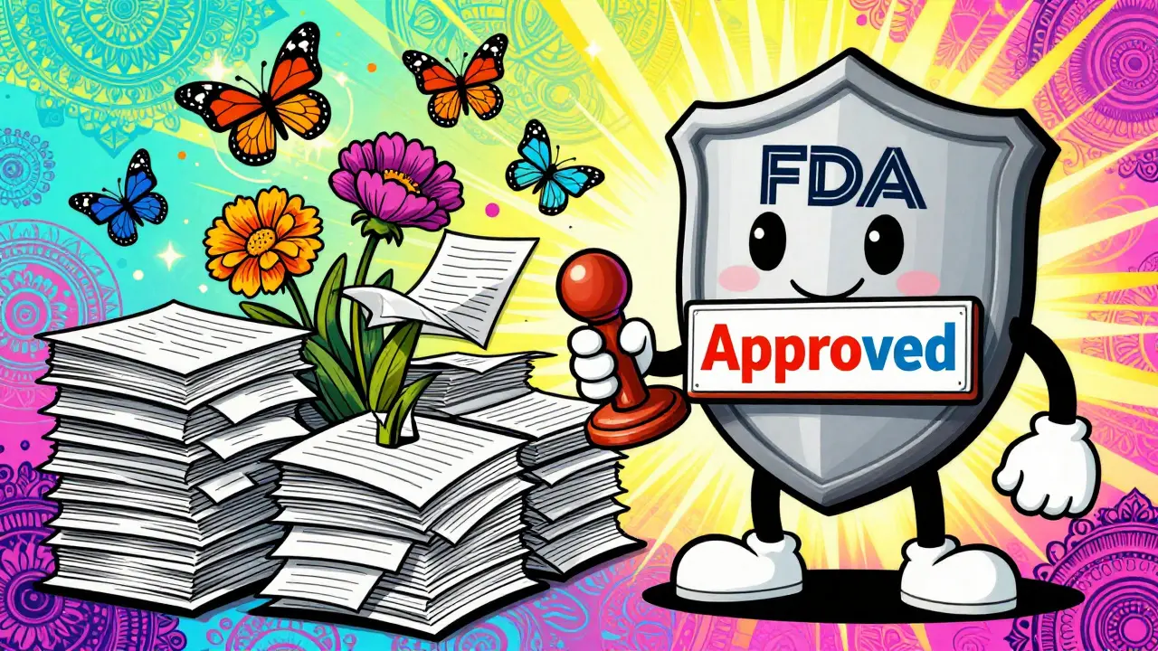 Vibrant art of FDA shield stamping approval with floral patterns