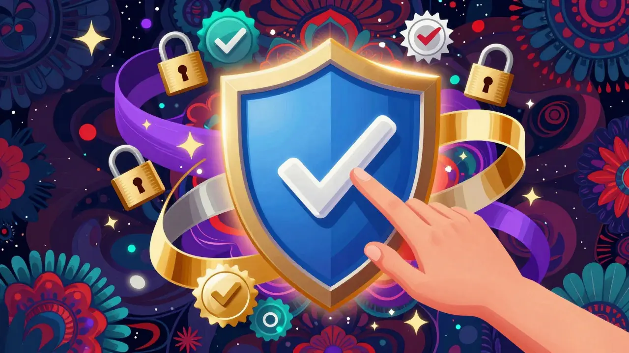 Vibrant art showing shield icon for safe online pharmacy verification