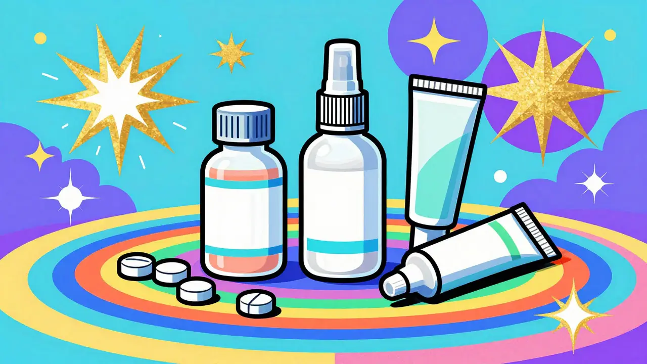 Vibrant illustration of nitroglycerin pills, spray, and ointment