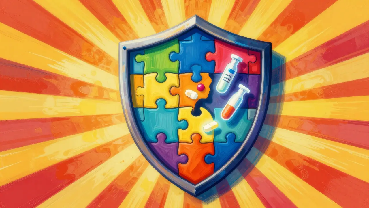 Vibrant Peter Max art showing a protective shield over medication symbols in a psychedelic sunburst