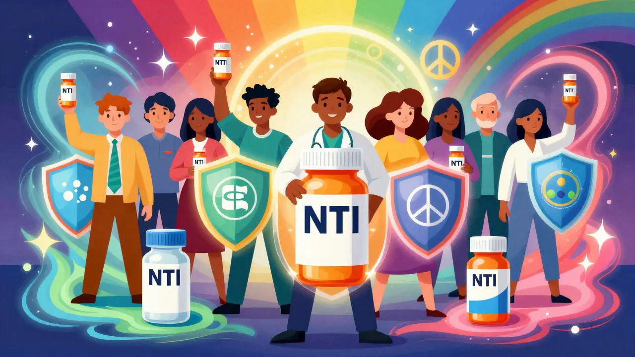 Vibrant pop art of people holding meds with colorful protective shields