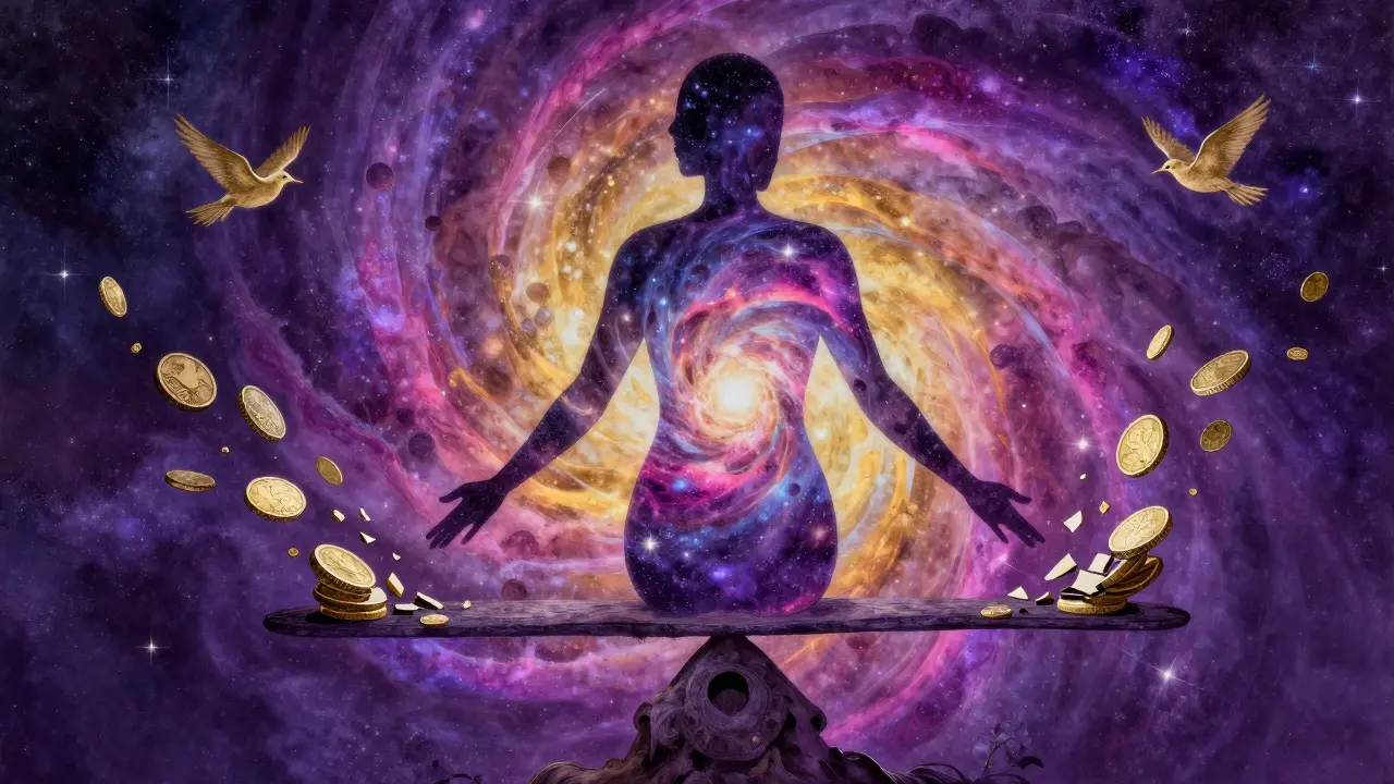Abstract Peter Max style figure filled with galaxies, representing mental balance and financial freedom.