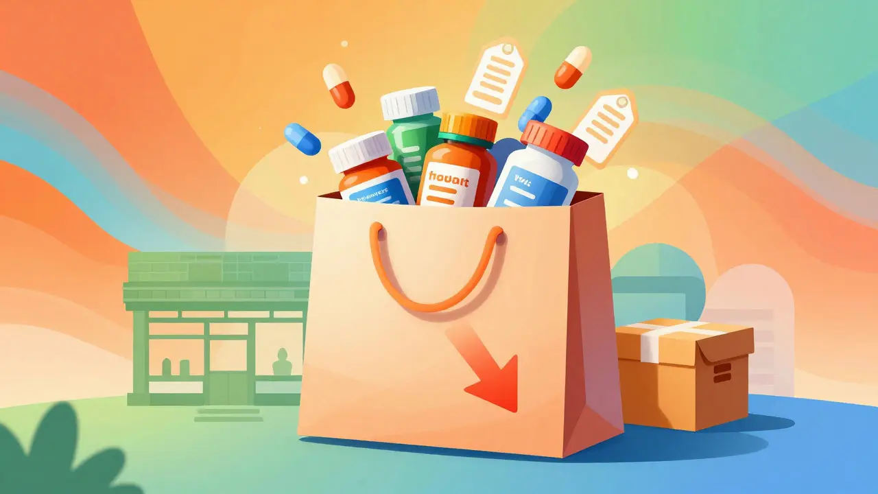 Artistic depiction of a shopping bag full of medicine bottles and discount symbols