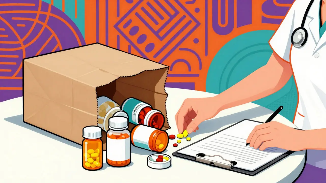 Brown bag spilling medicine bottles being checked by a nurse in vibrant illustration