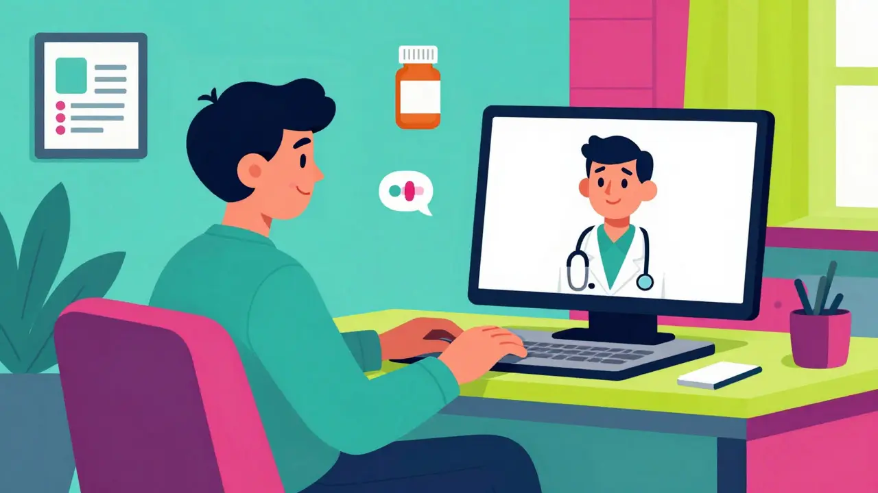 Cartoon of a person having a video doctor visit at home with colorful abstract background