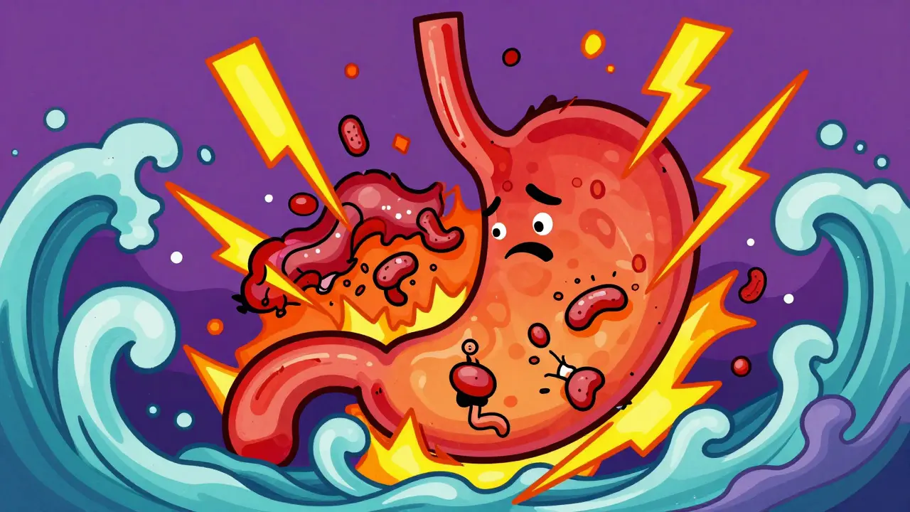 Cartoon stomach character surrounded by jagged shapes representing internal inflammation