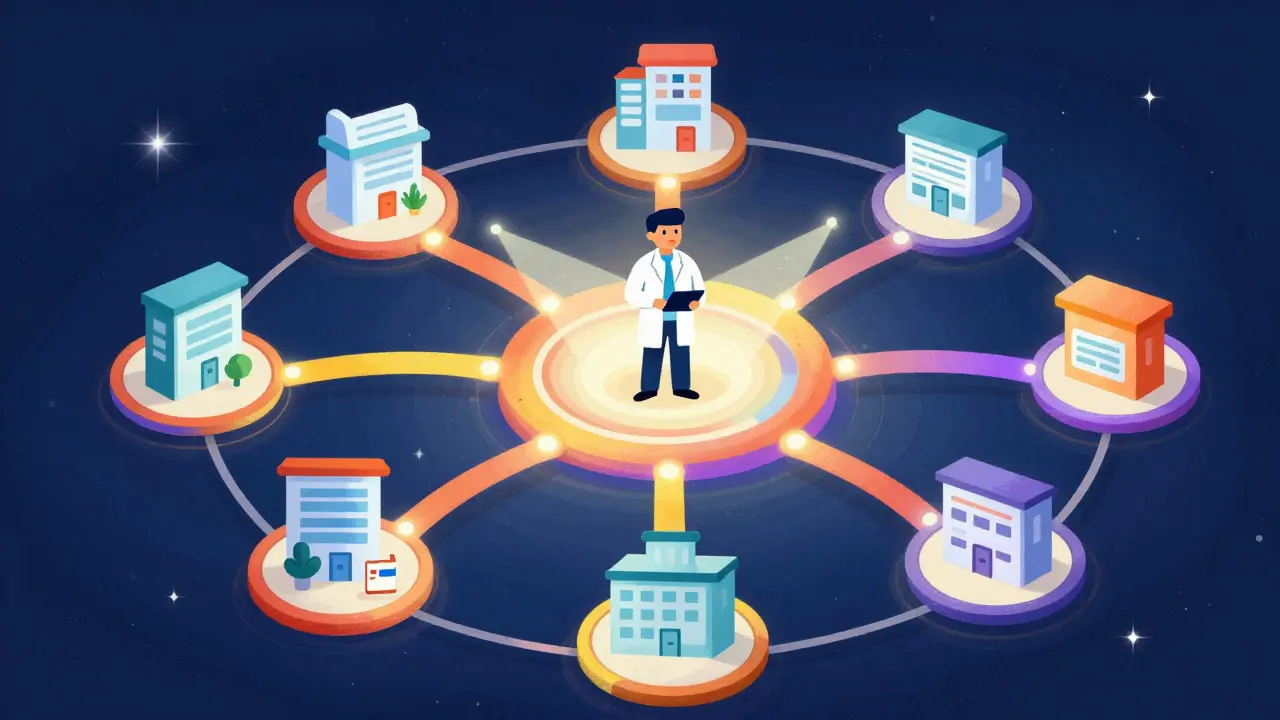 Centralized pharmacy network connecting multiple locations with glowing data streams in a cosmic style