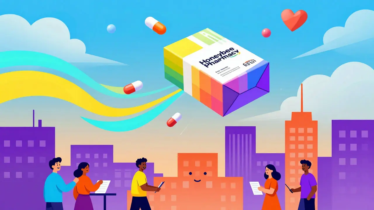 Colorful cartoon art of a medicine package flying over a stylized cityscape, symbolizing fast online delivery.