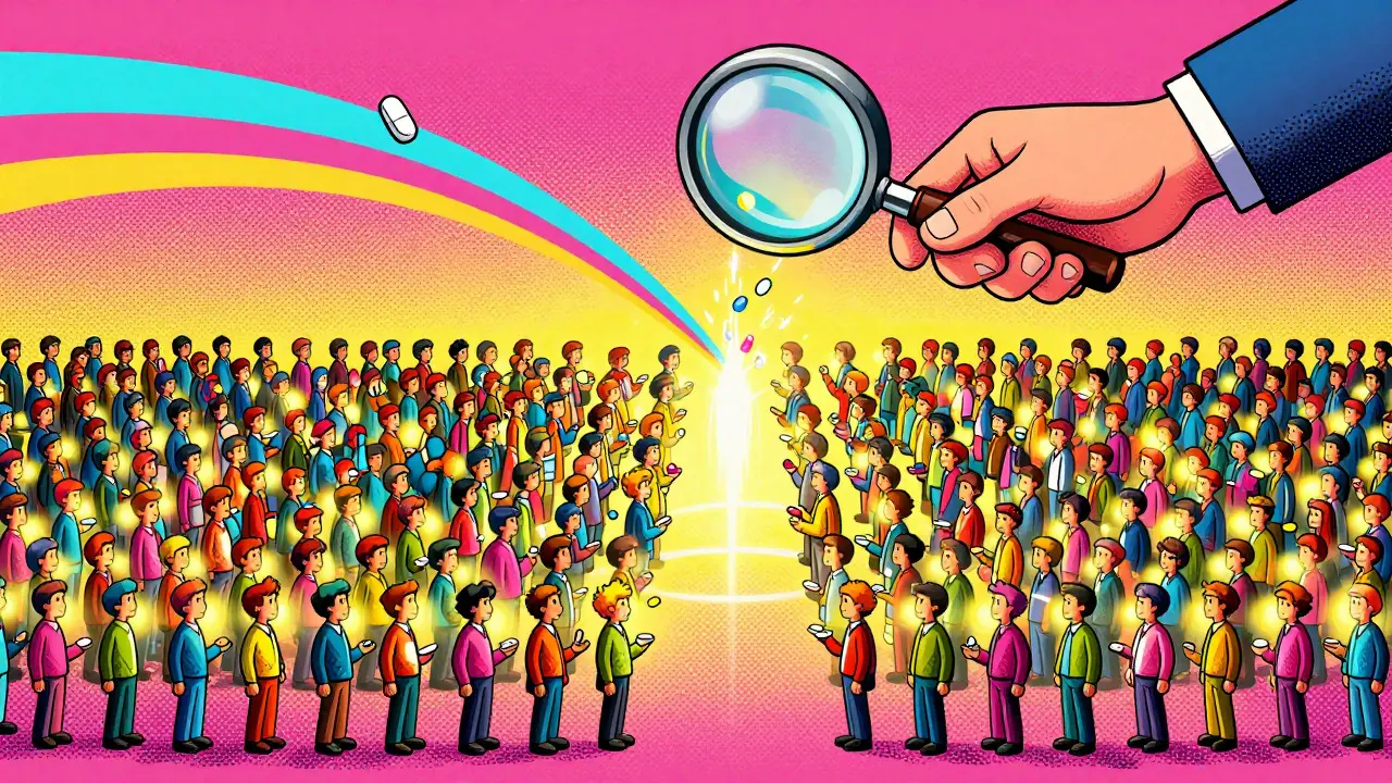 Colorful cartoon of two patient groups receiving identical treatment outcomes