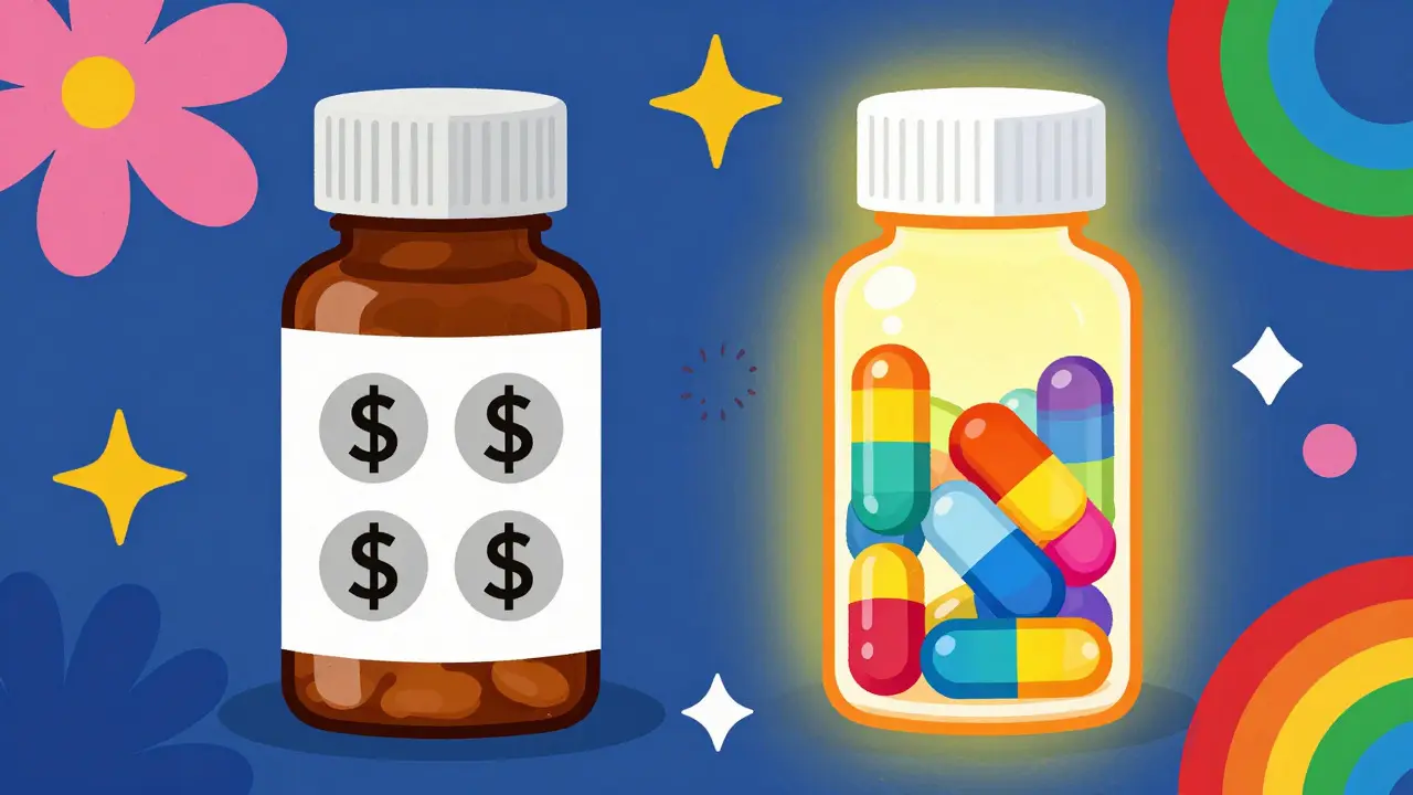 Colorful comparison of expensive vs cheap generic pills
