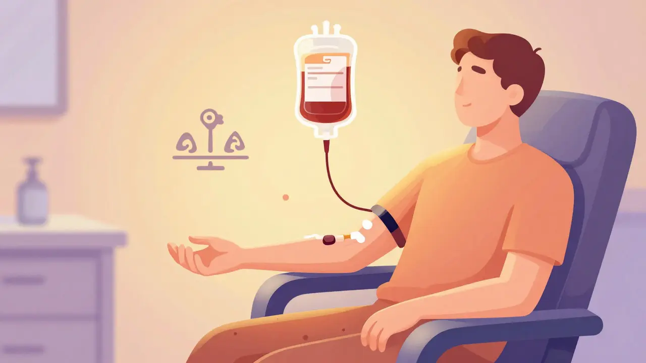Colorful illustration of a person receiving therapeutic phlebotomy treatment.