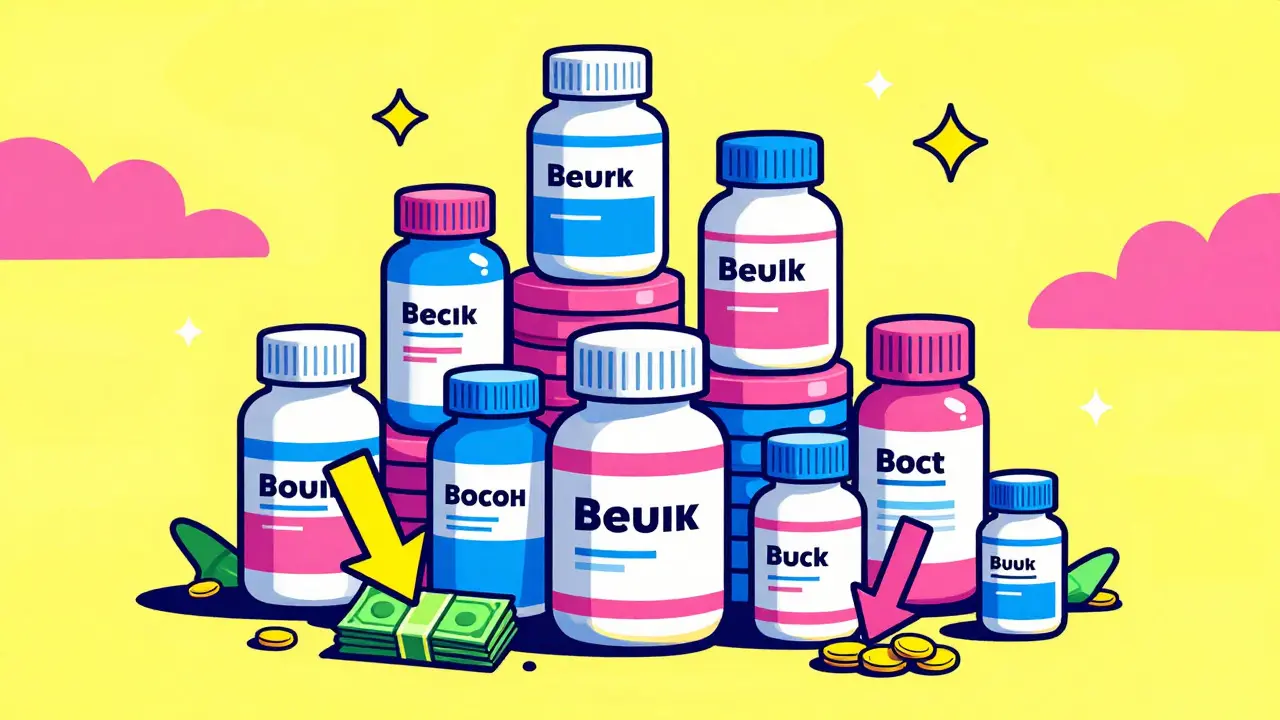 Colorful Peter Max art showing stacks of pill bottles and money, symbolizing bulk savings.