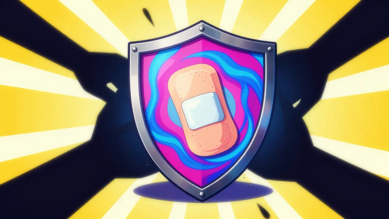 Colorful shield protecting medication from scams in vibrant Peter Max illustration style