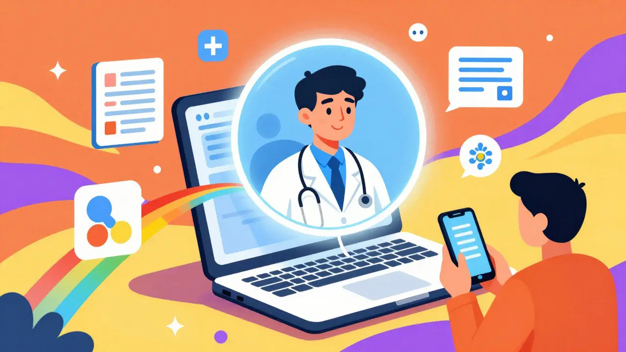 Doctor video call on laptop in psychedelic art style