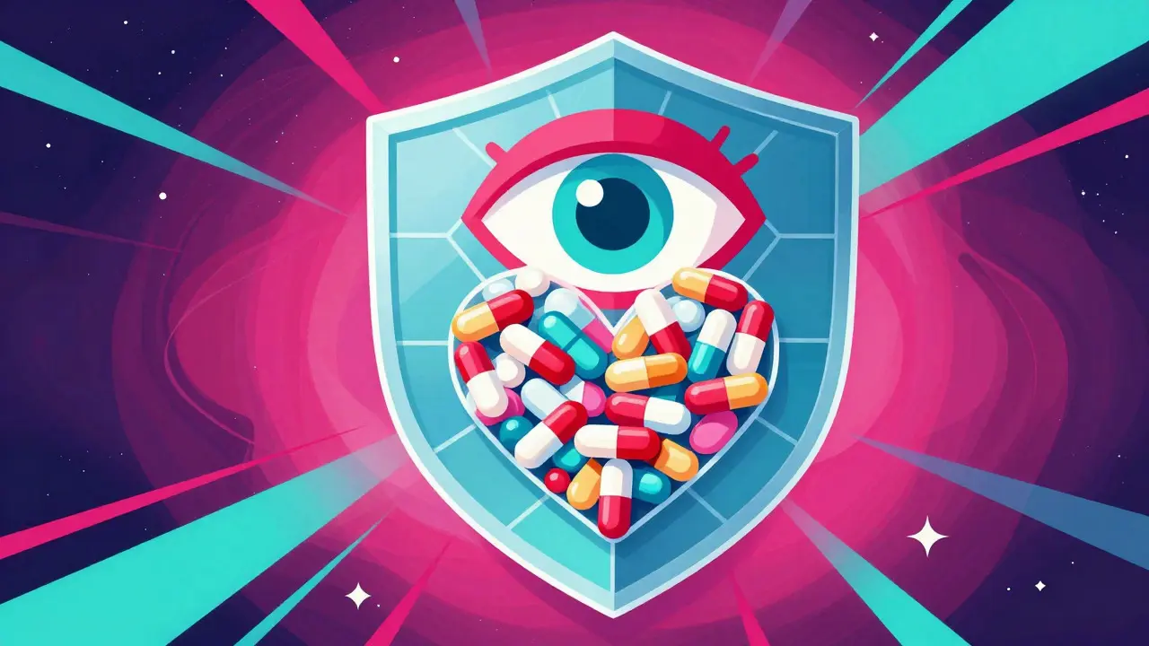 Futuristic shield protecting pills with AI and blockchain motifs in a psychedelic, colorful design