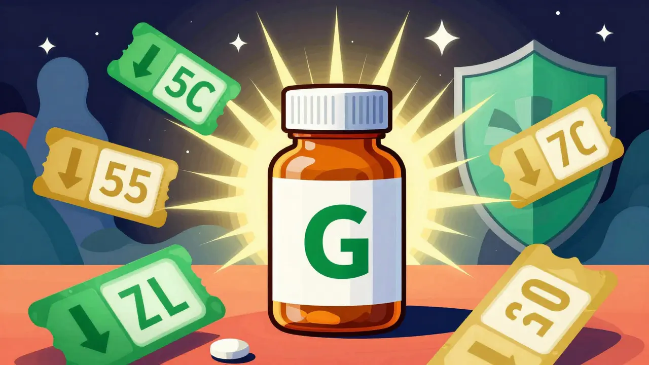 Generic pills and coupons in colorful pop art style