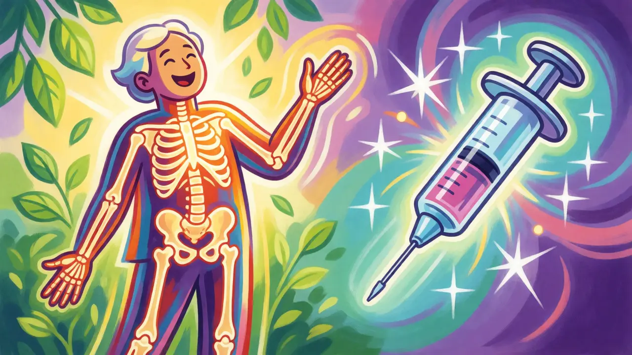 Healthy person with glowing bones next to a syringe in vibrant art style.