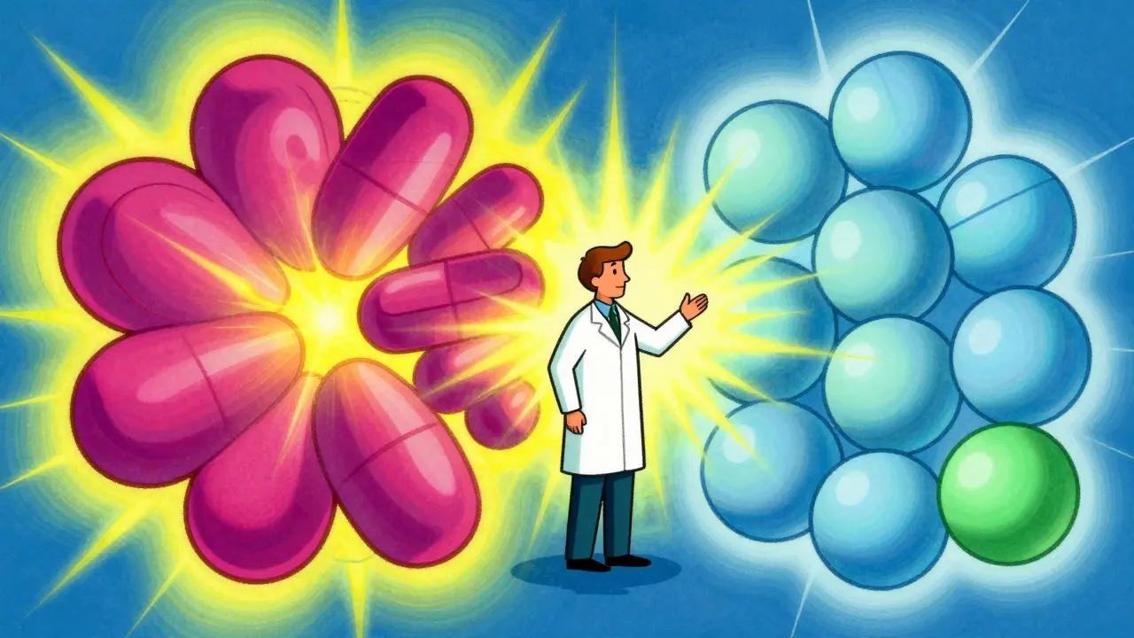 Illustration comparing complex brand-name pills with simpler generic alternatives in a vibrant artistic style.