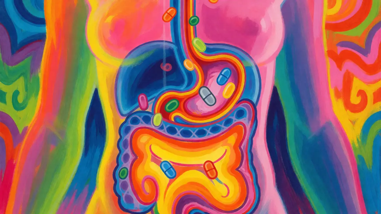Illustration of calcium blocking pill absorption inside a stylized body.