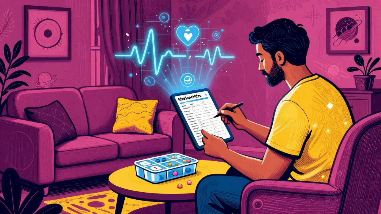 Patient reviewing meds at home with digital health symbols in colorful cartoon style
