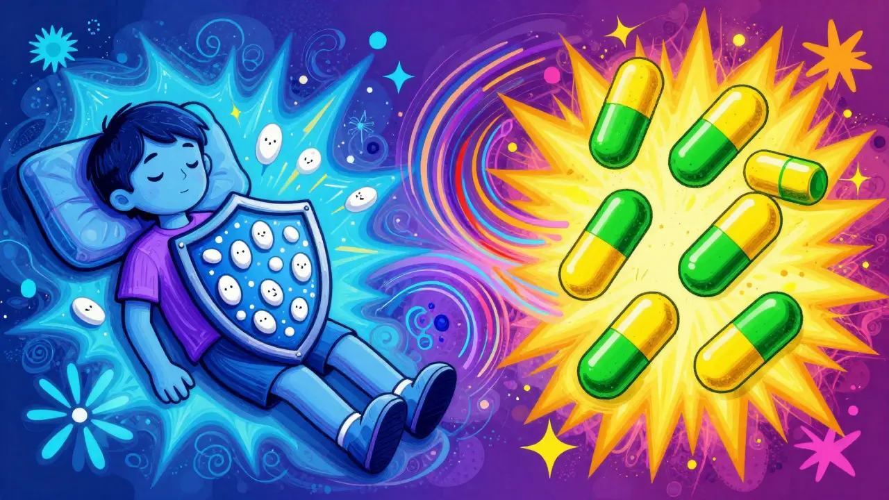 Peter Max style art comparing watchful waiting and antibiotics for ear infections