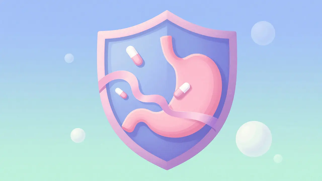 Protective pastel shield hovering over a stomach icon with calming ribbon elements