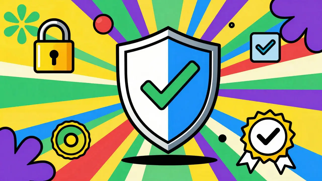 Psychedelic illustration of a safety shield and digital locks in Peter Max's vibrant, outlined style.