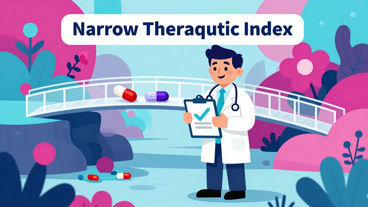 Stylized doctor standing before a narrow bridge representing sensitive drugs