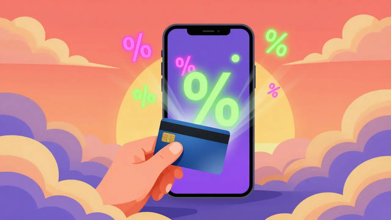 Stylized image of a hand using a phone to find prescription discounts amidst swirling colorful graphics.