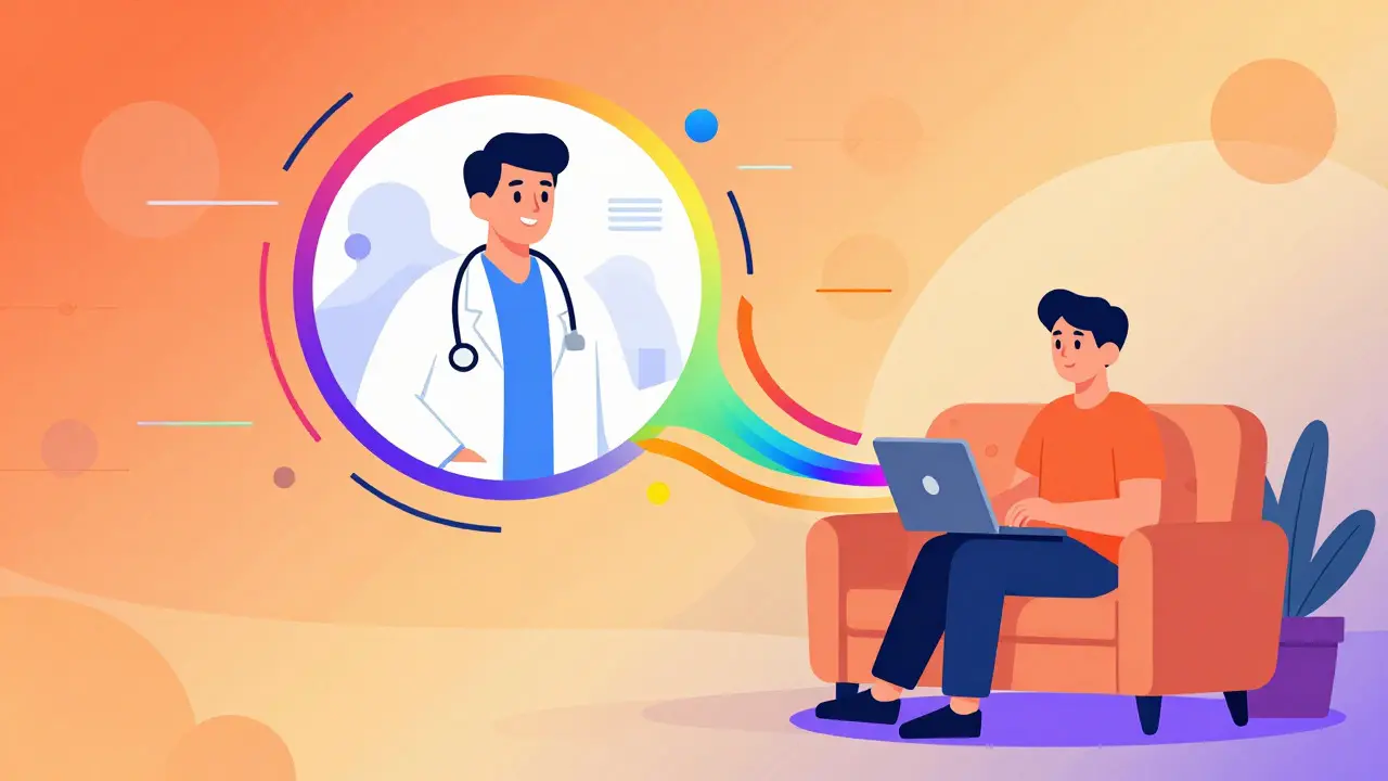 Telehealth doctor connecting with patient via colorful digital streams in psychedelic art