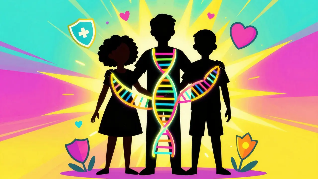 Vibrant art depicting family members connected by glowing DNA strands.